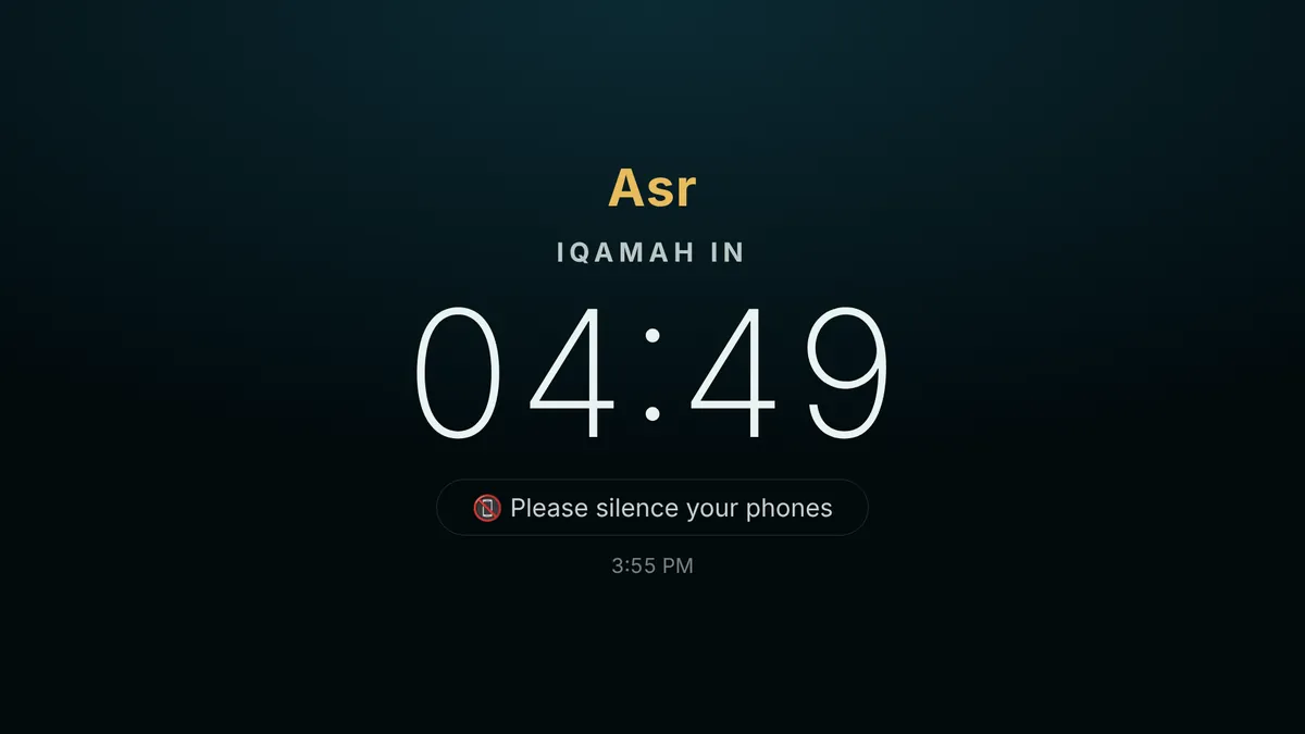 An Iqamah countdown on a screen