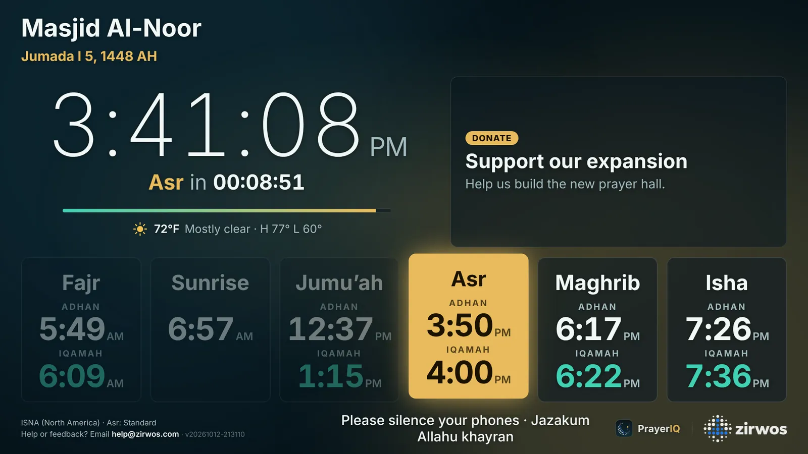 A PrayerIQ masjid screen with the clock, next prayer countdown, an announcement and the day’s prayer and Iqamah times